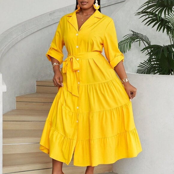Yellow Casual Women's Plus Size V-Neck Button-Front Long Sleeve Dress - Picture 4 of 6
